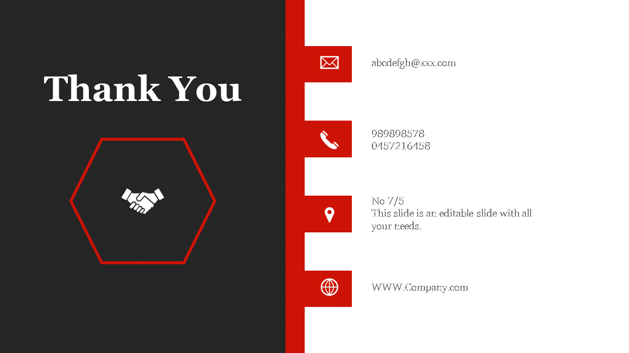 Red, white, and dark themed slide with thank you text, contact informations, and a handshake icon inside a hexagon.