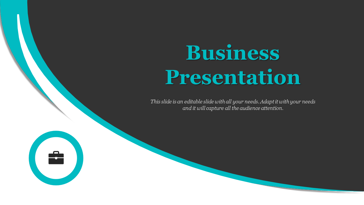 Professional business slide deck with a black, white, and teal theme, featuring structured layouts and data visuals.