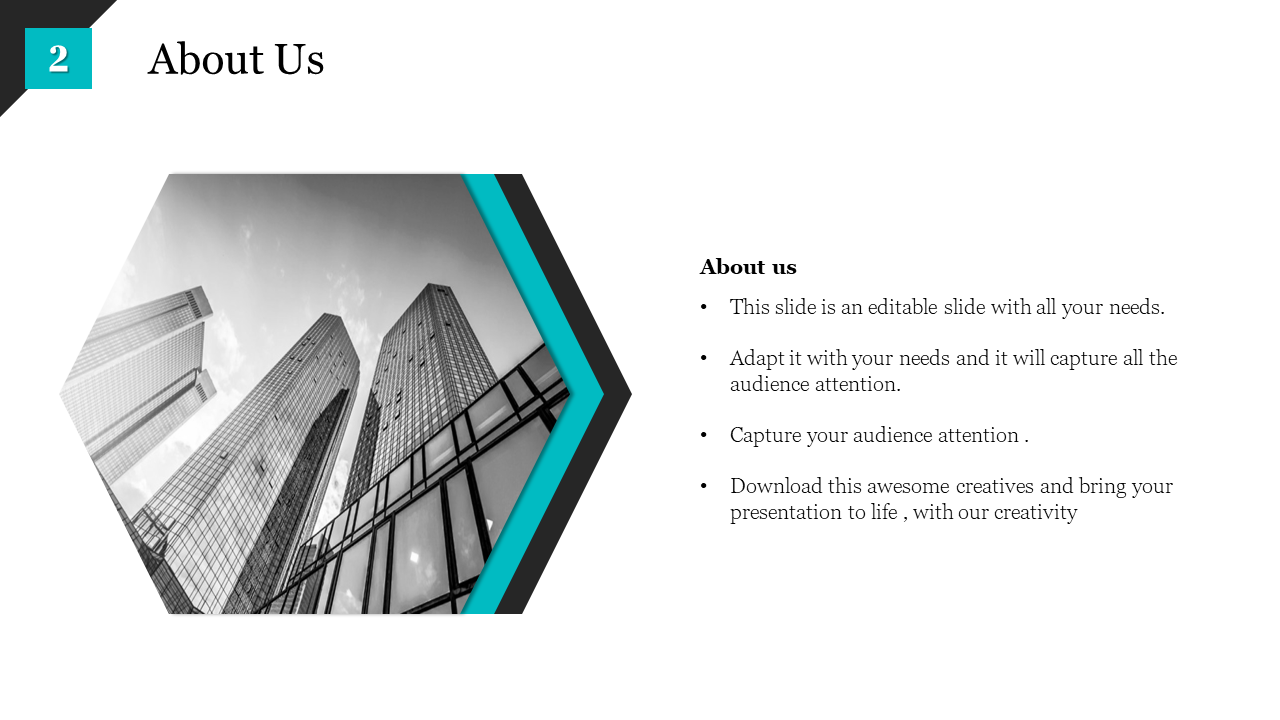 About Us slide with a black and white image of skyscrapers and text placeholders on a white backdrop.