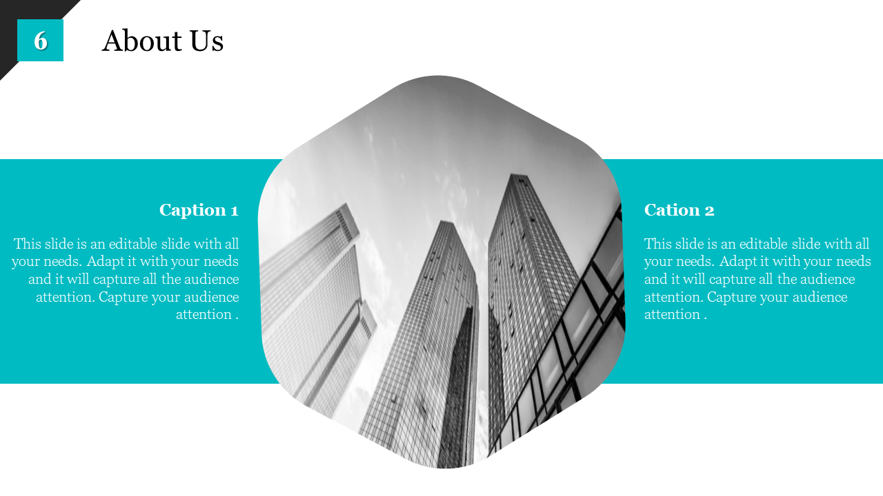 About Us slide with two caption sections and an image of skyscrapers in black and white on a blue theme.