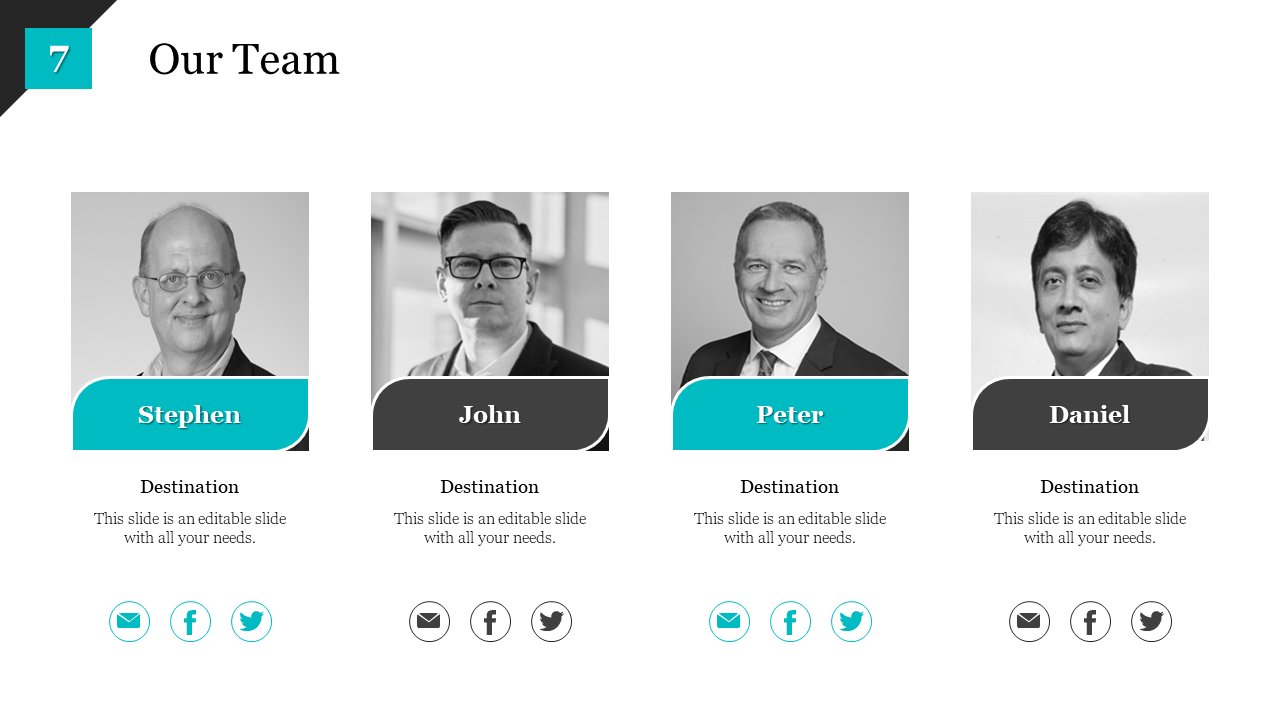 Our Team slide features four members Stephen, John, Peter, and Daniel with their names and social media color coded icons.