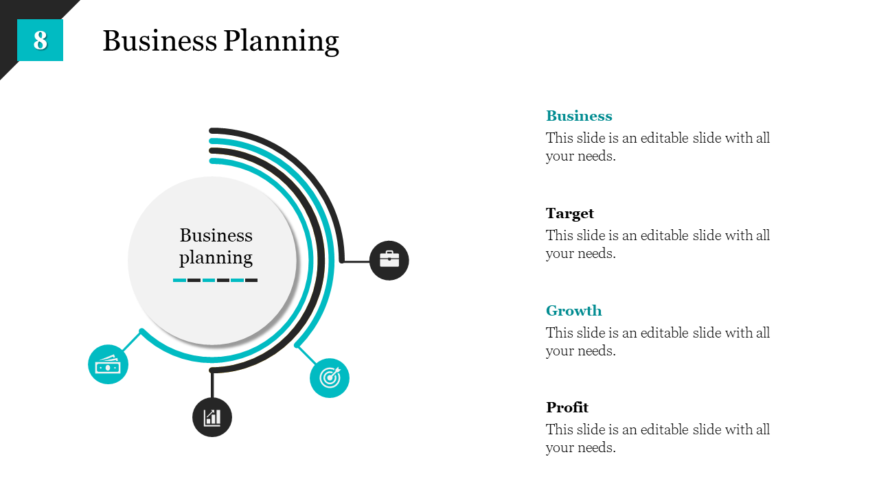 Business planning slide with a central color coded circle and 4 categories Business, Target, Growth, and Profit with icons.