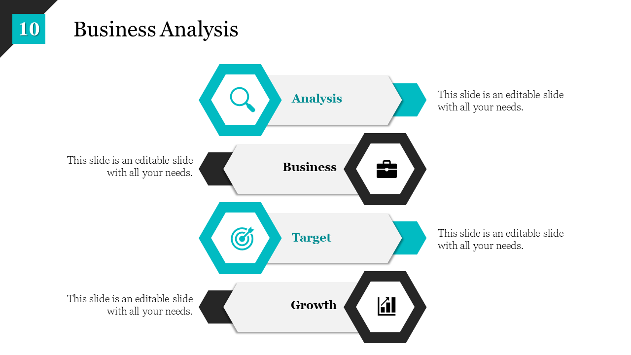 Business analysis slide showing four blue and black hexagonal steps with corresponding icons on a white backdrop.