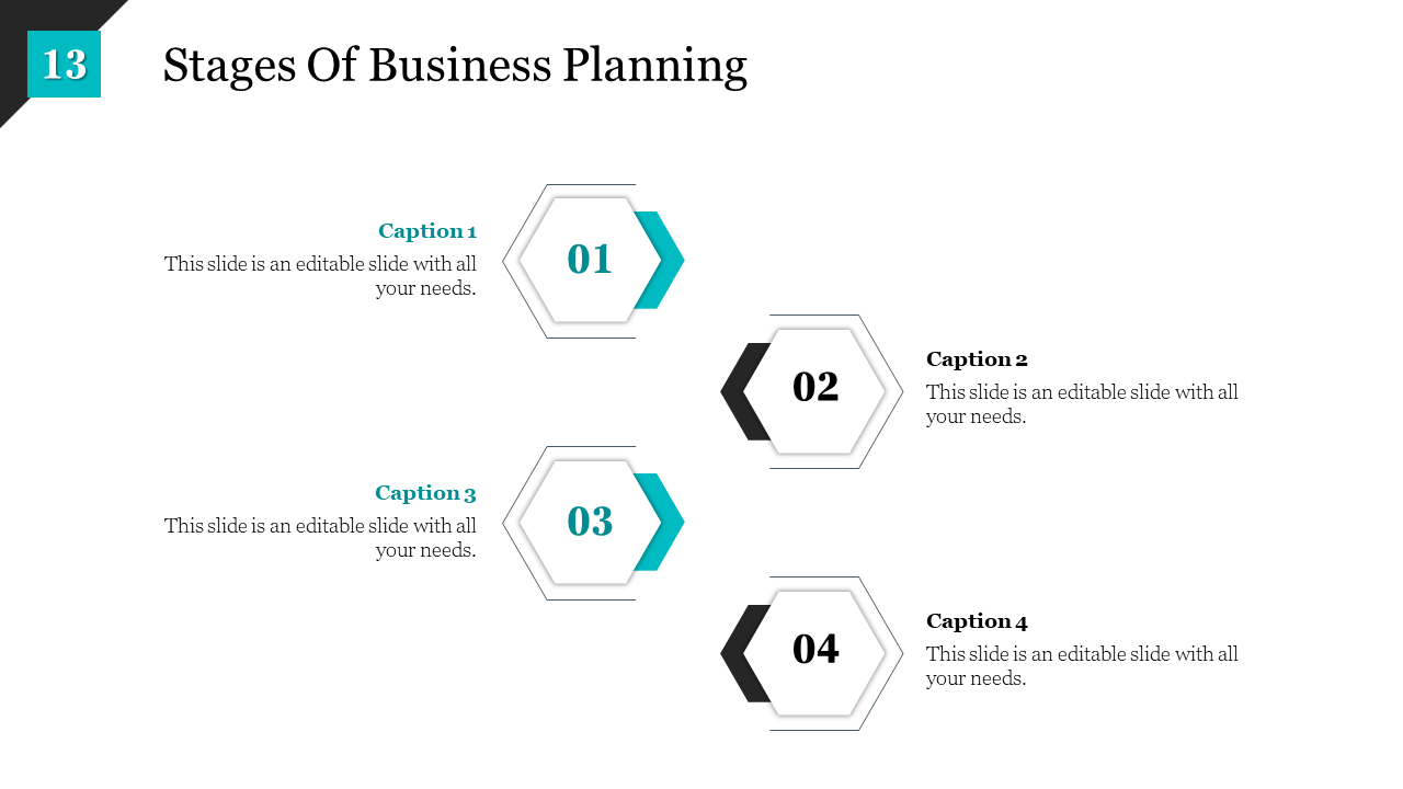 Stages of business planning slide with four steps represented by blue and black hexagonal shapes on a white backdrop.