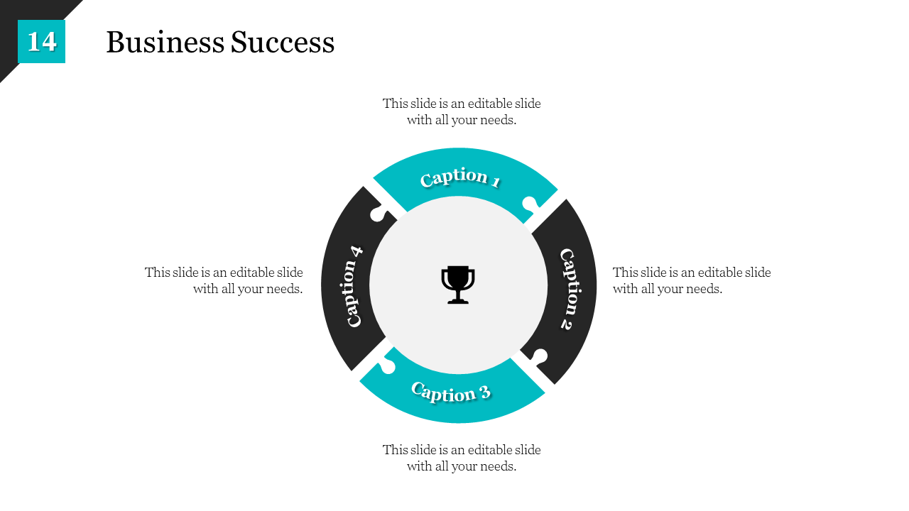 Business success slide with a blue and black circular diagram featuring four segments and a trophy icon in the center.