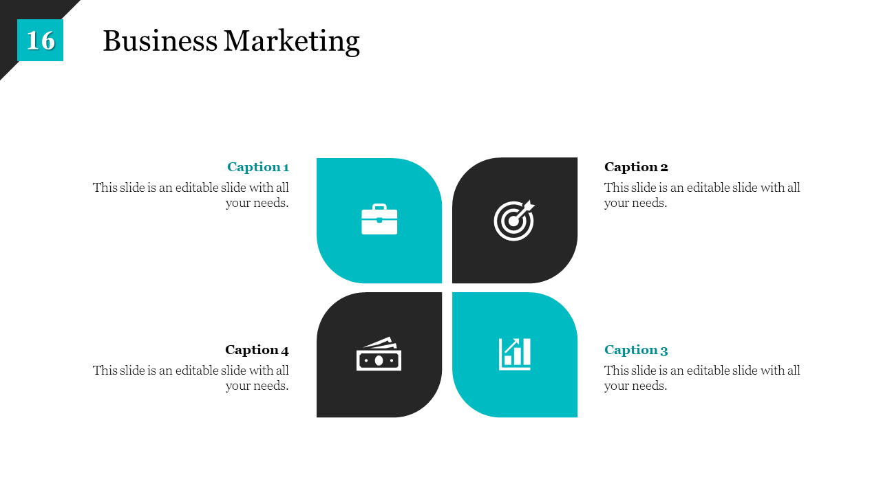 Business marketing slide with four blue and black sections Business, Target, Profit, and Growth, each with an icon.