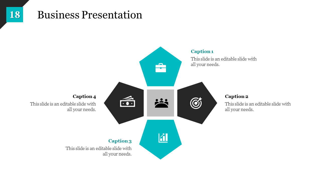 Business presentation slide with four blue and black sections Business, Target, Growth, and Finance, each with icons.