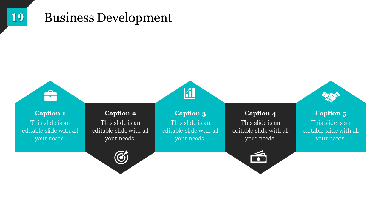 Business development slide featuring five blue and black hexagonal sections with icons on a white backdrop.