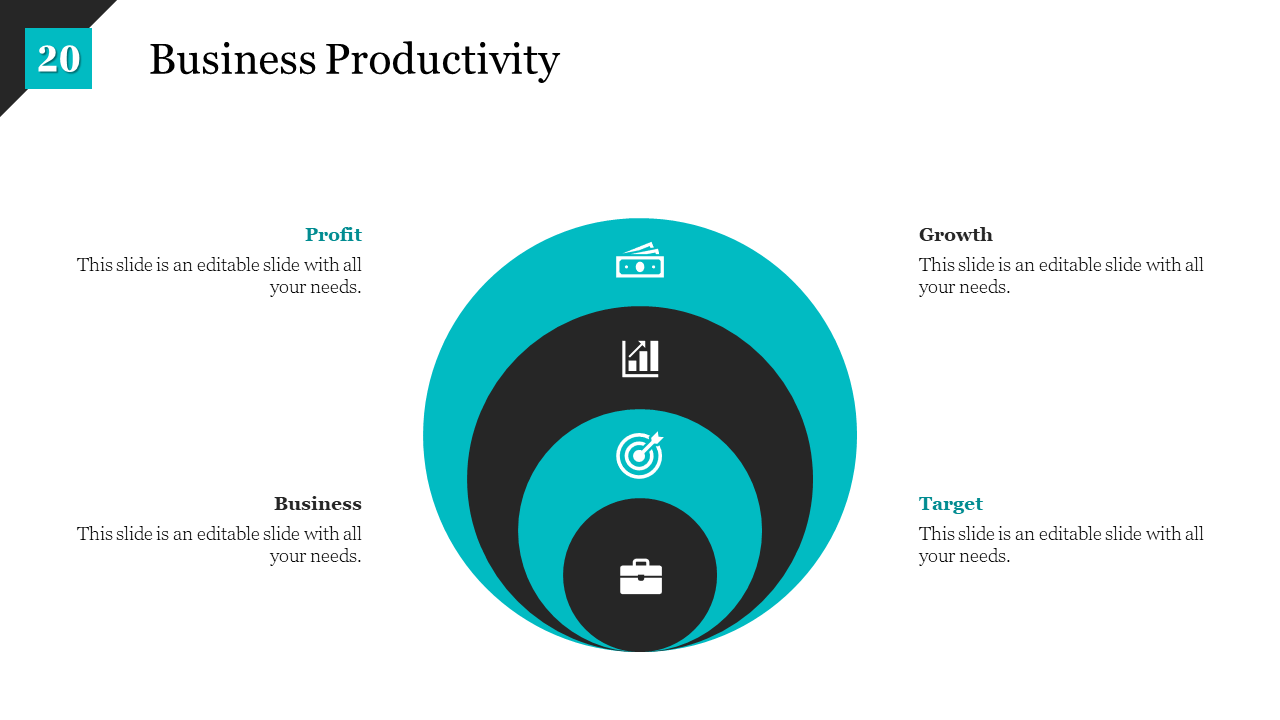Business productivity slide showing colorful concentric circles with Profit, Growth, Business, and Target at the center.