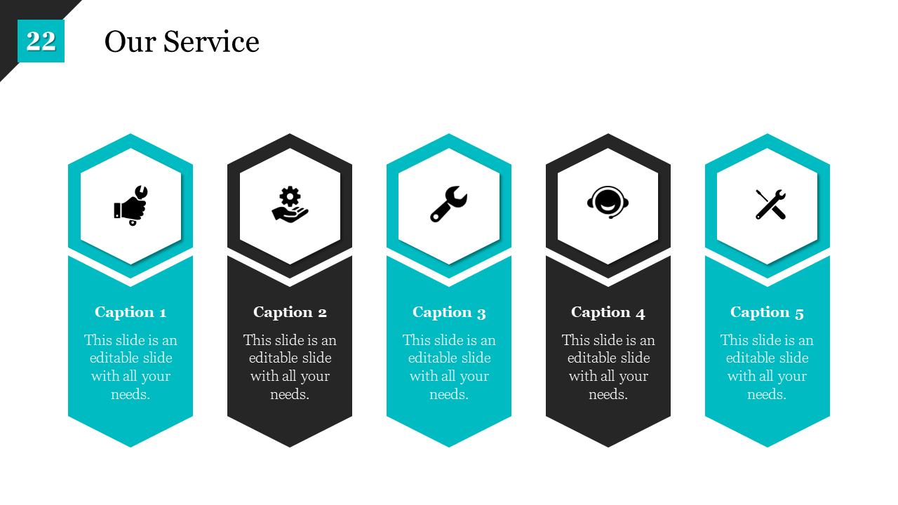 Service slide showing five black and blue hexagonal sections, each with an icon representing a different service.