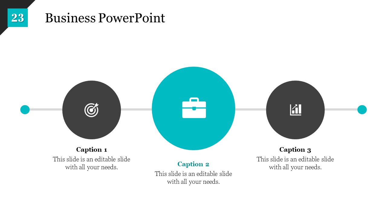 Business PowerPoint slide with three blue and black circular sections Target, Business, and Growth, each with an icon.