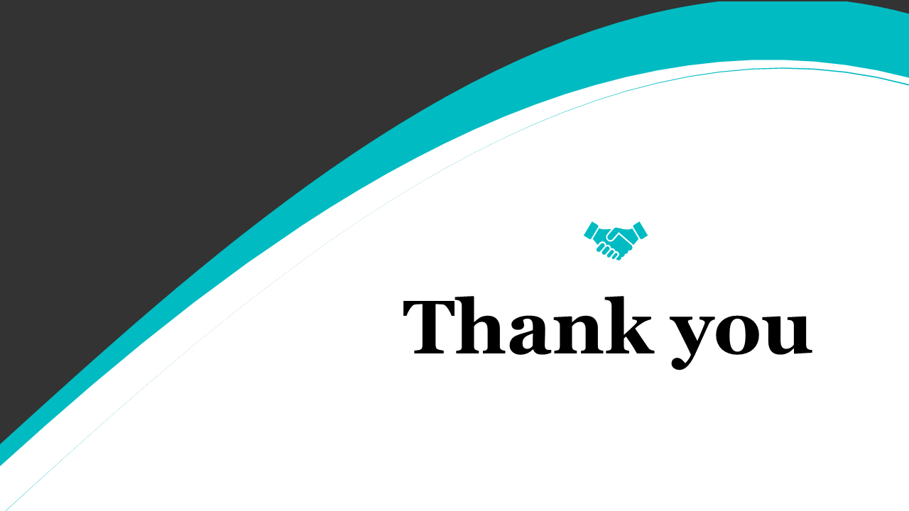 Thank you slide with a handshake icon and a curved black and blue background design on a white theme.