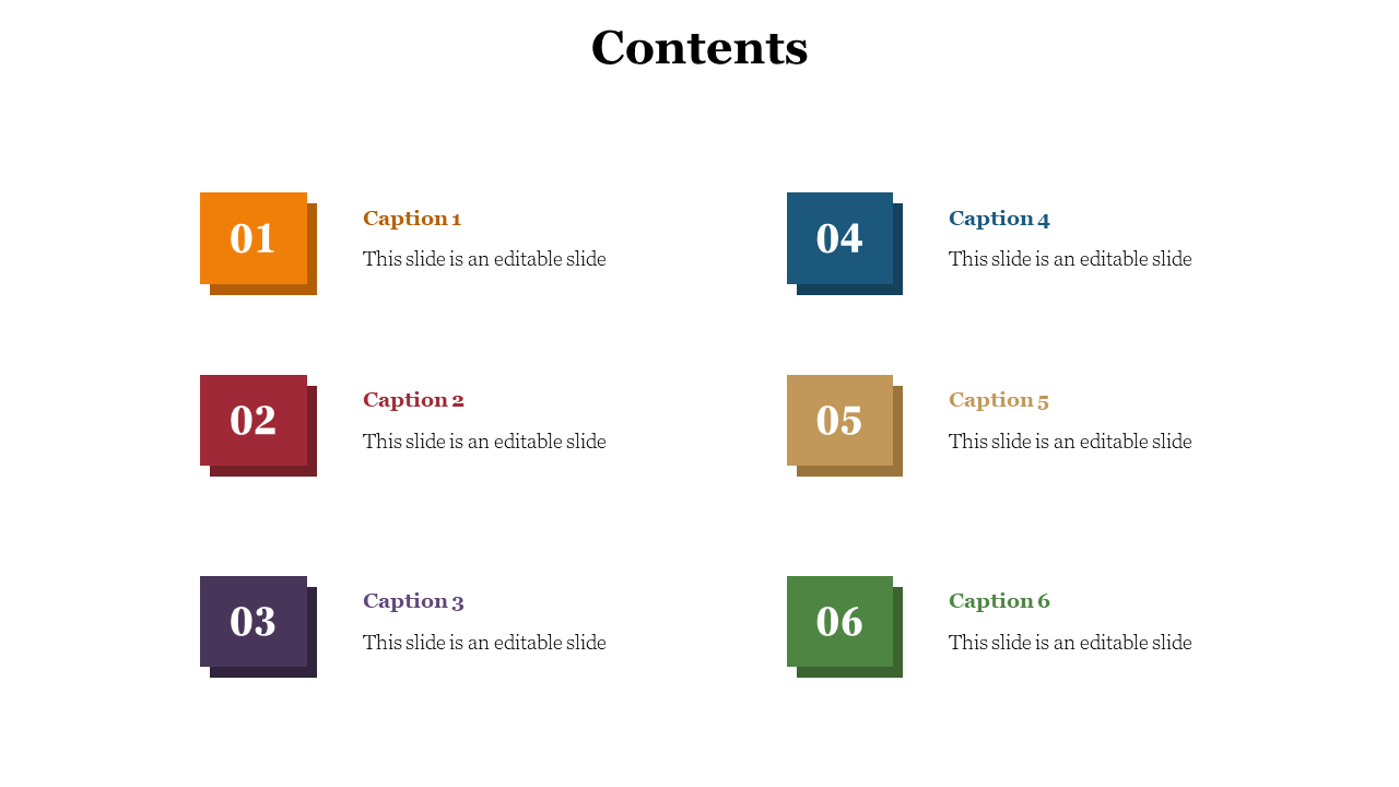 Contents slide with six colorful numbered boxes in orange, red, purple, blue, yellow, and green, each with a caption.