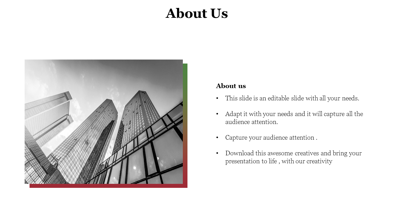 About Us slide featuring a black and white image of skyscrapers and text with a colorful border on a white backdrop.