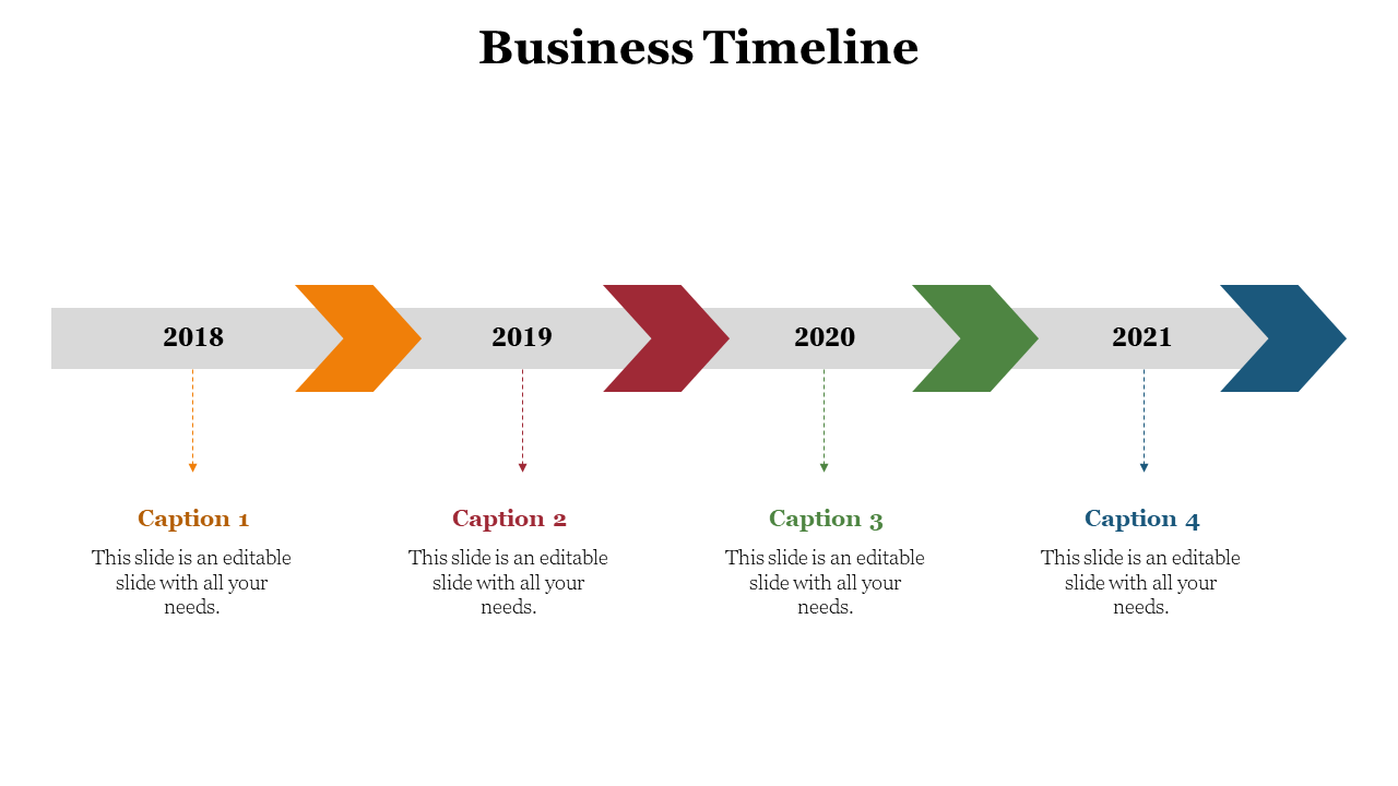 Business timeline slide with four colored arrows for the years 2018 to 2021 and captions for each year on a white theme.