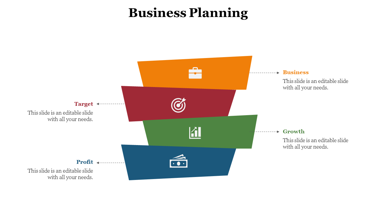 Business planning slide with colorful funnel shaped sections for business, target, growth, and profit, with an icon and text.
