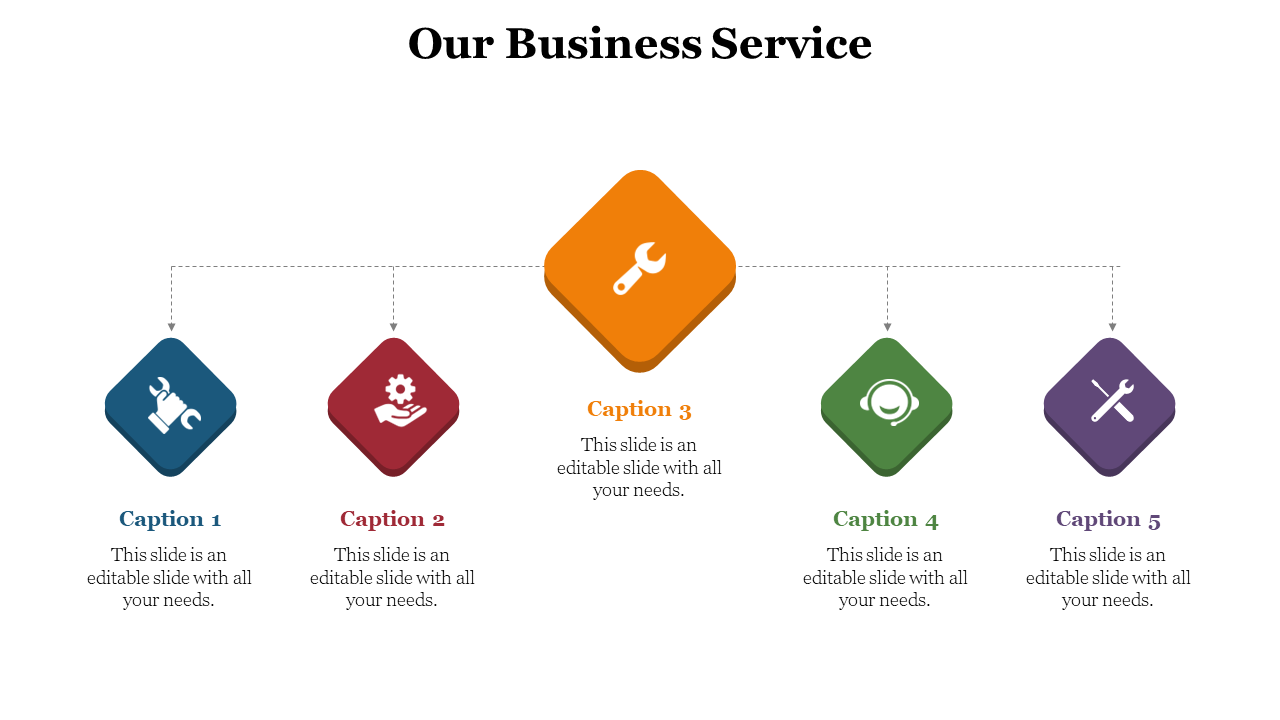 Business service slide with 5 colored diamond shaped icons wrench, gear, tool, headset, and wrench each with its own caption.