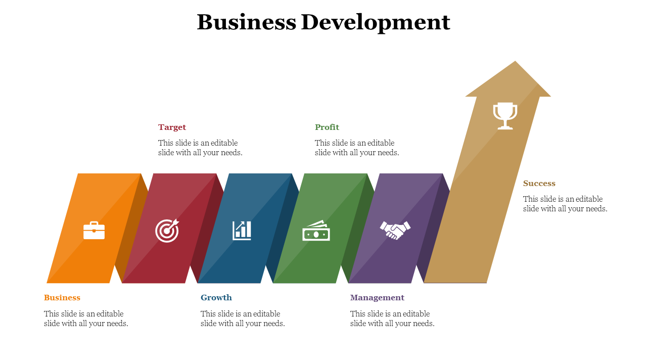 Business development PPT slide with five color coded segments representing business elements with icons in white theme.