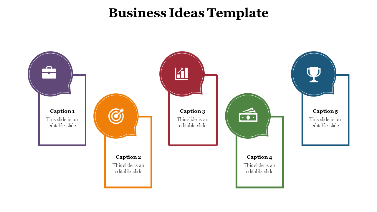A slide showing five business idea color coded icons Business, Target, Growth, Profit, and Success, each in a speech bubble.