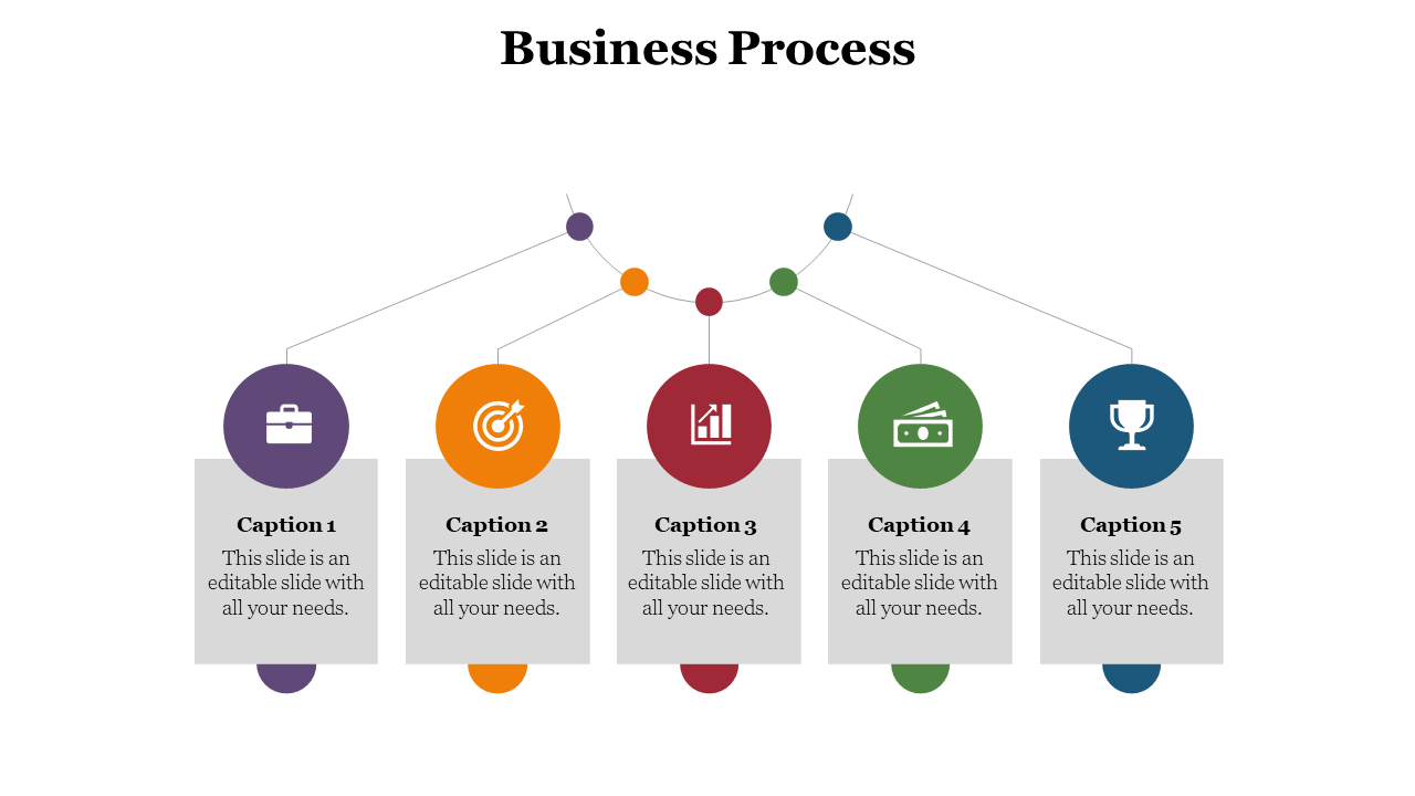 Slide displaying five business process icons connected with colorful lines Business, Target, Growth, Profit, and Success.