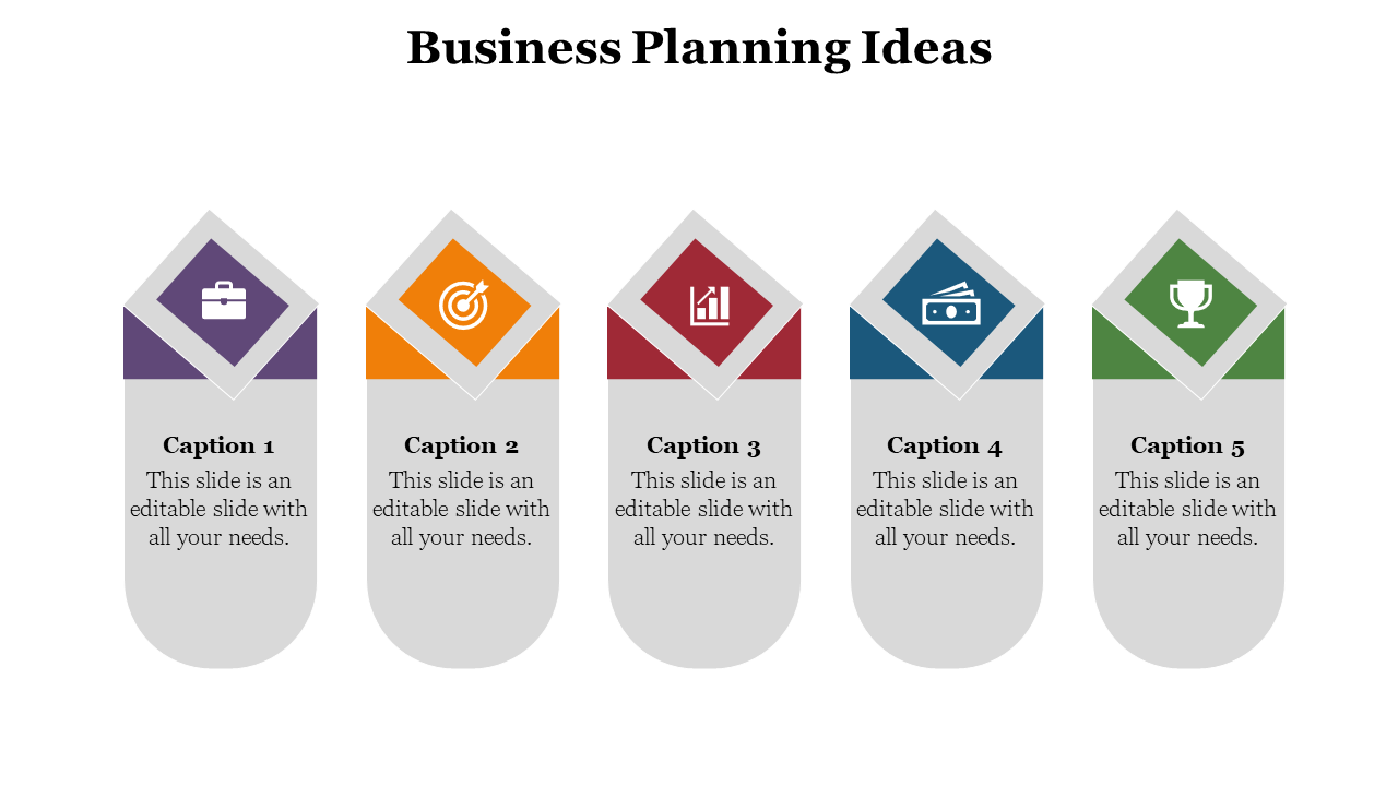 Business planning slide with five color coded icons representing different stages each with corresponding captions.