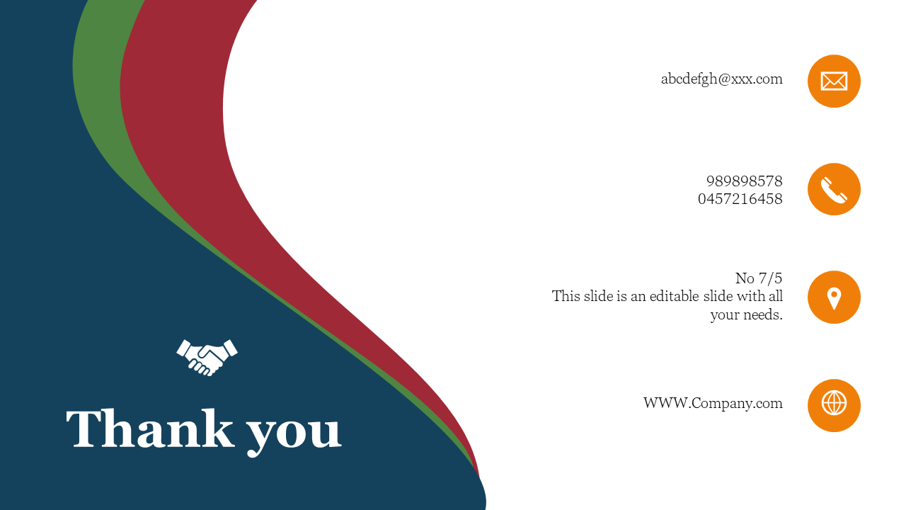 Thank you slide featuring contact details with a handshake symbol on a colorful backdrop with orange icons.