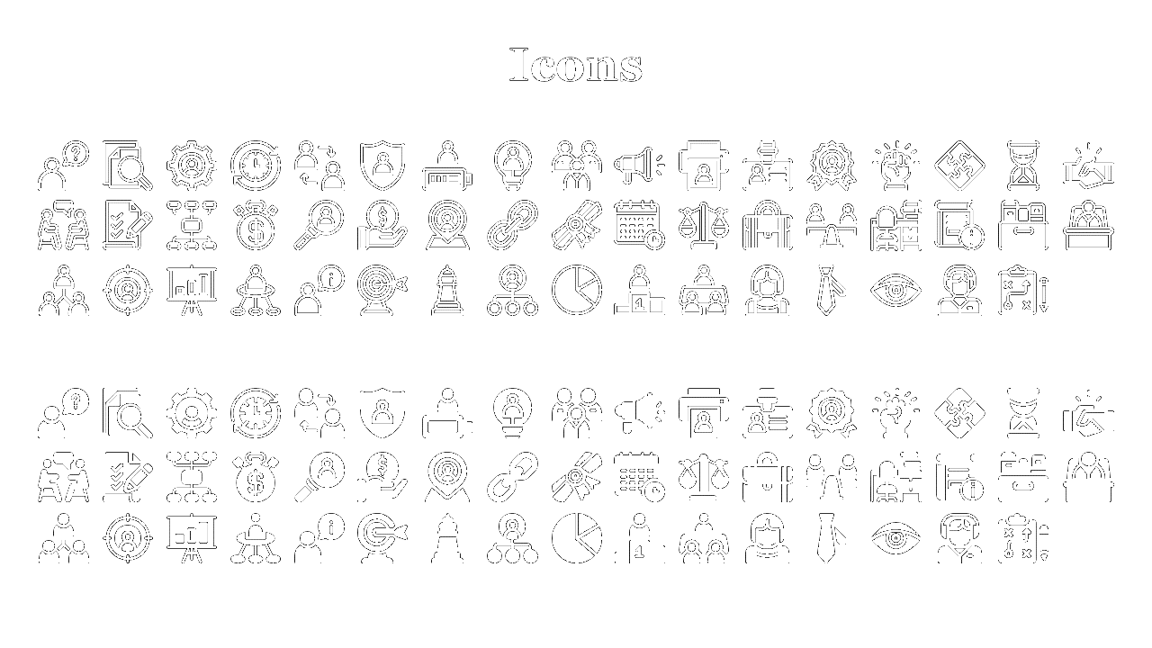 A collection of business icons, including people, gear, magnifying glass, calendar, pie chart, and more on a white backdrop.
