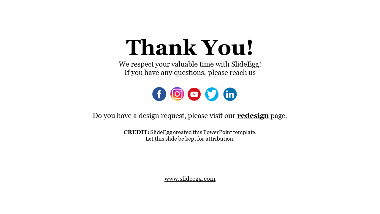 Thank you slide from SlideEgg with contact information and social media icons for Facebook, Instagram, YouTube, and LinkedIn.