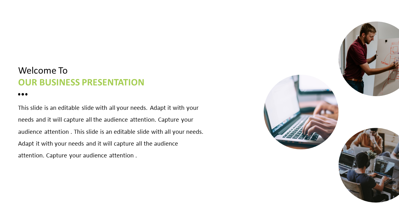 Business presentation slide with text and three circular images of people working on laptops and a whiteboard.