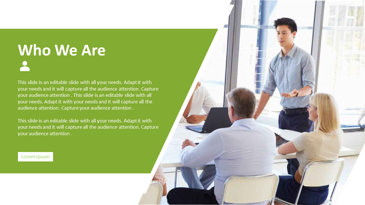 A business slide showing a team of professionals discussing in a meeting room with a speaker presenting in green theme.