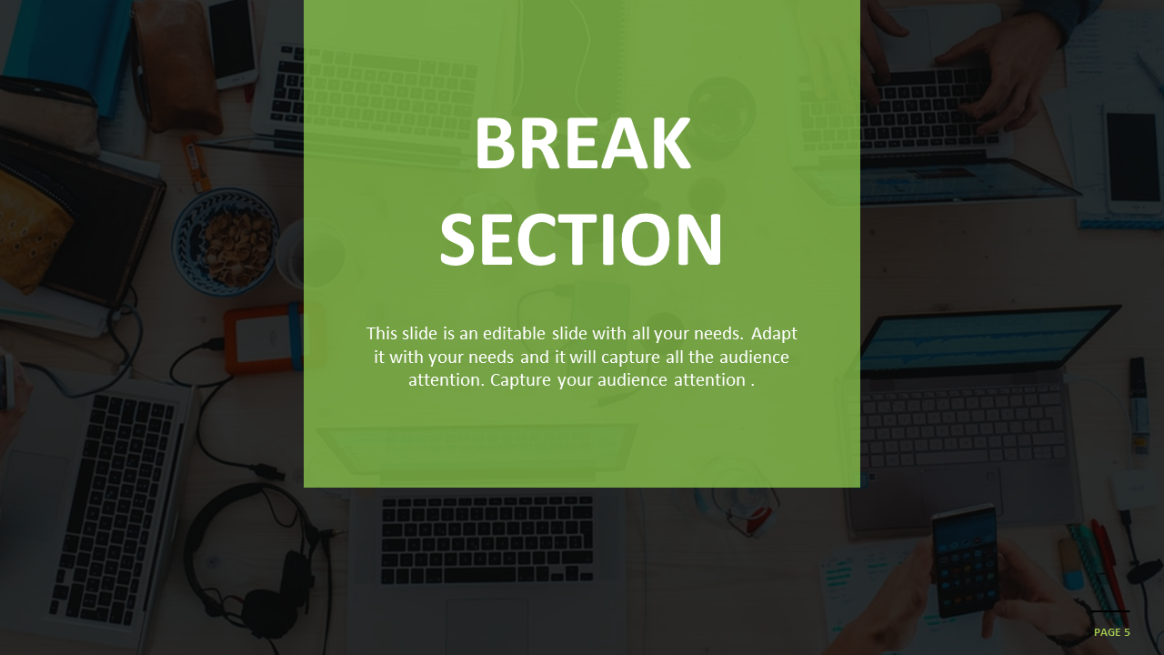 Break section slide with a green background and workspace image, featuring laptops, notebooks, and coffee cups.