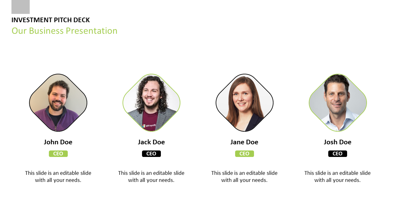 Business slide with four CEOs in photo frames, labeled with their names John Doe, Jack Doe, Jane Doe, and Josh Doe.