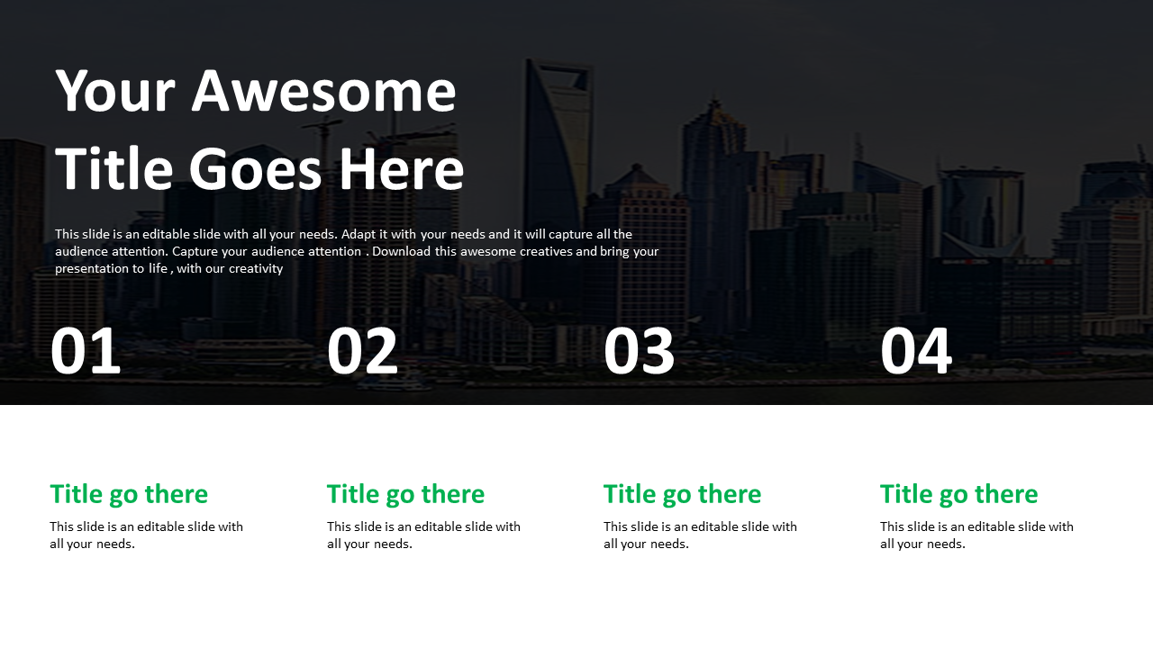 Business slide with a cityscape background, featuring numbers and placeholders for titles on a black and white theme.