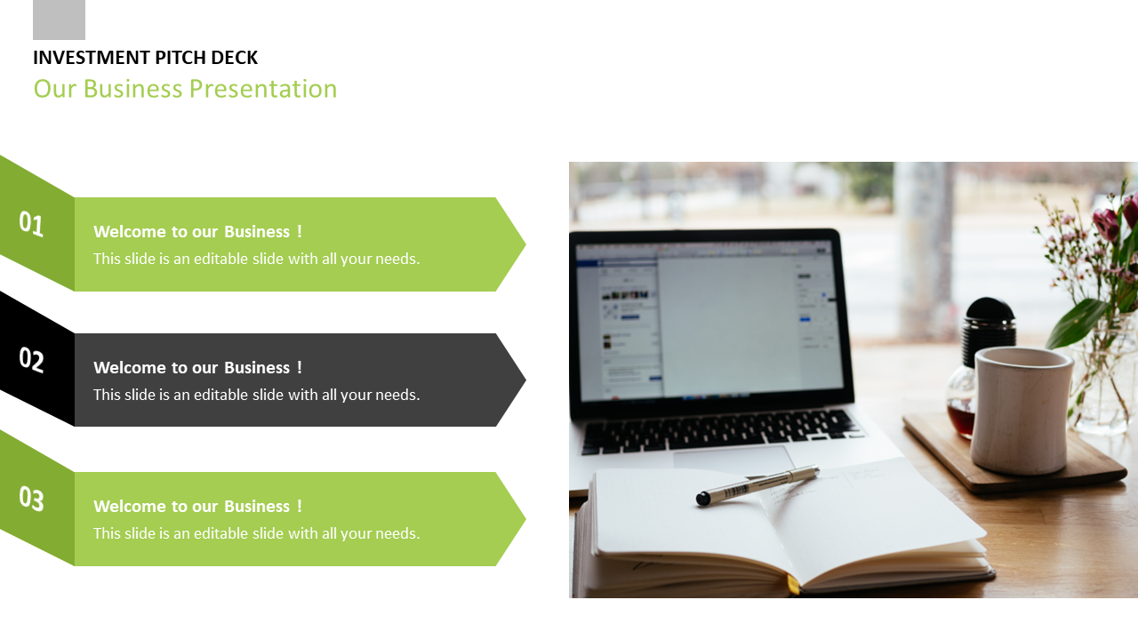 Our business PPT slide with green and black arrows, numbers, and a laptop on a desk featuring a cup and notebook.