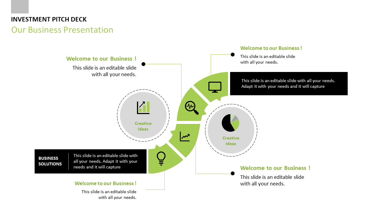 Business presentation slide with two circles and a curved line with icons in black and green representing creative ideas.