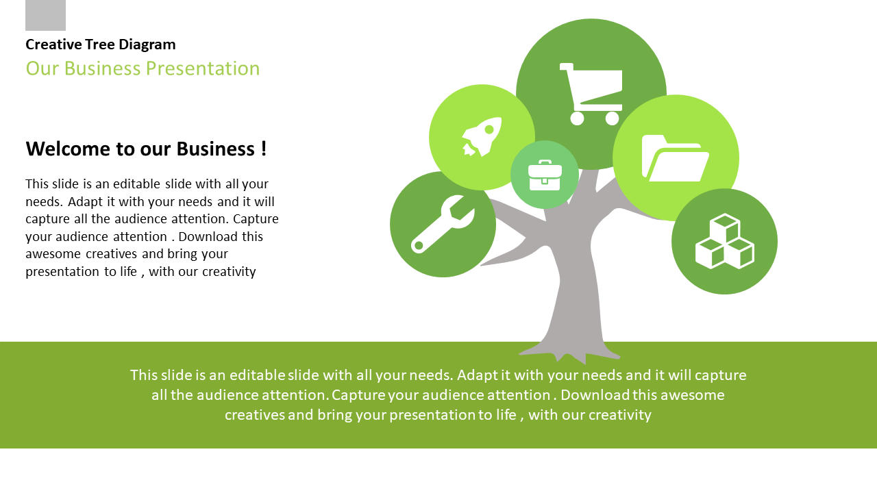 Creative tree diagram PowerPoint slide with green circles and icons representing business aspects on a white theme.