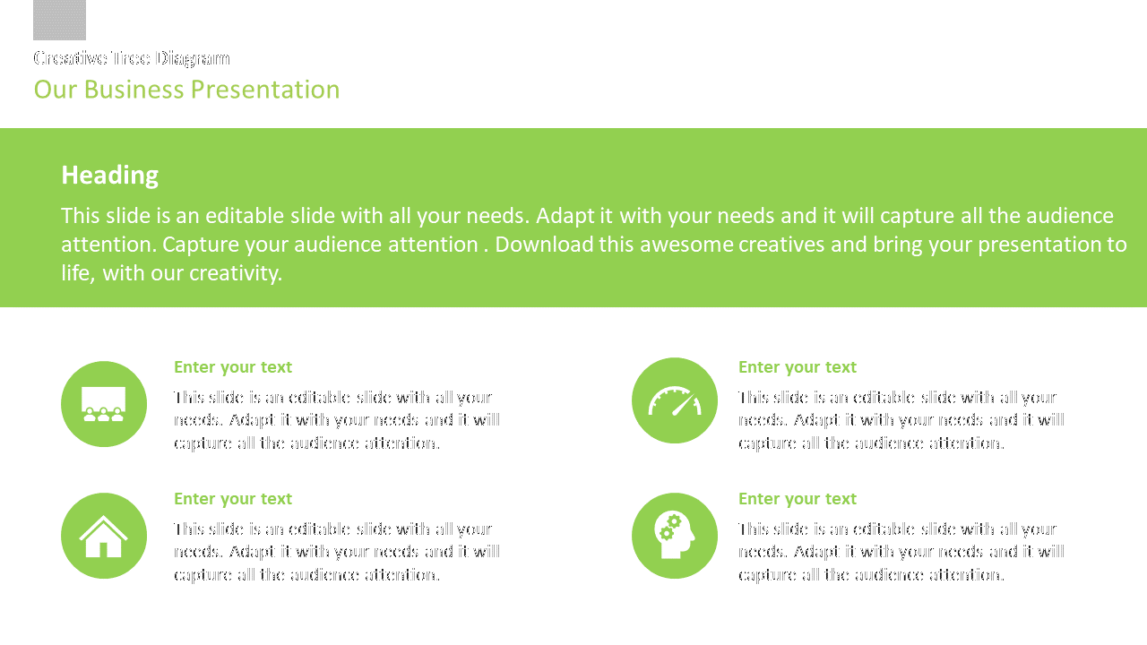 Business PPT slide with placeholders for text, including green icons for a group, house, speedometer, and brain.