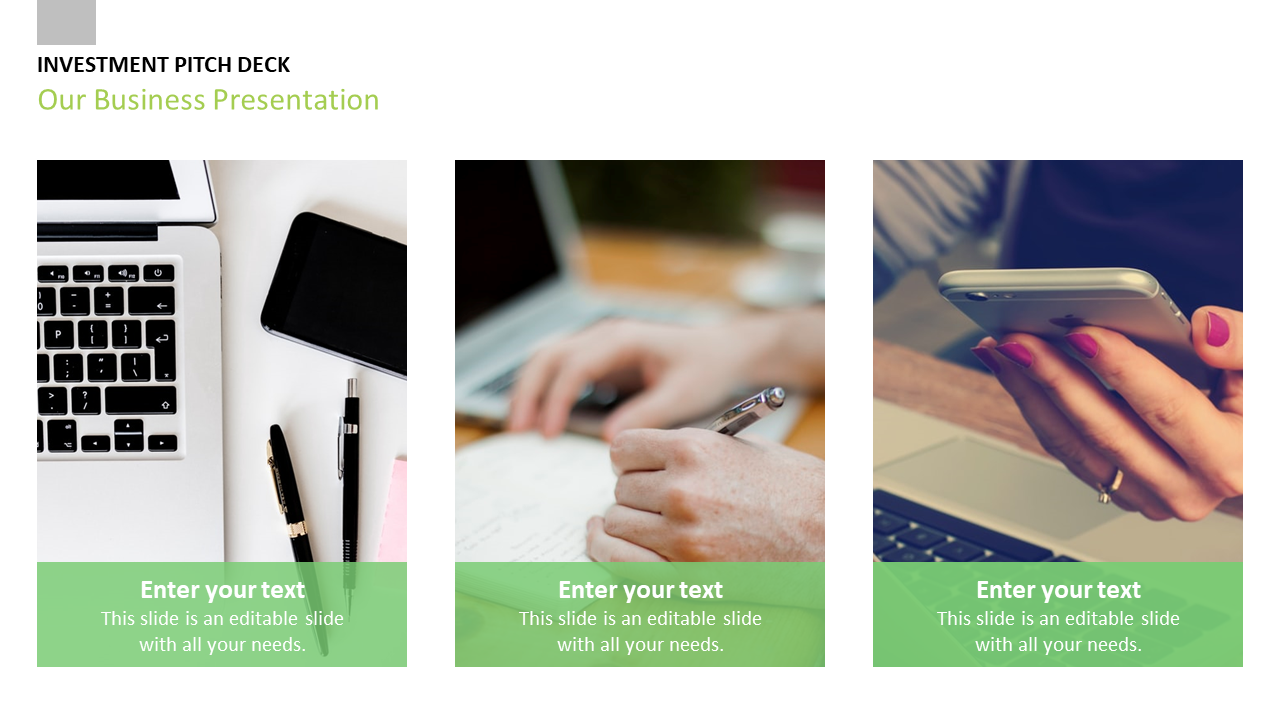 Business presentation slide with three images of a laptop, notebook with pen, and a phone, with text placeholders.
