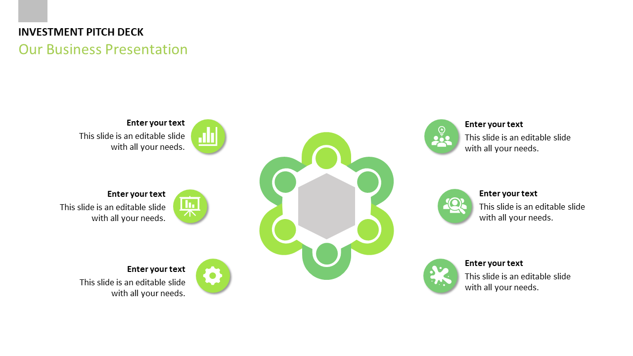 Slide featuring a hexagon in the center surrounded by six circular green icons with placeholder text on a white theme.
