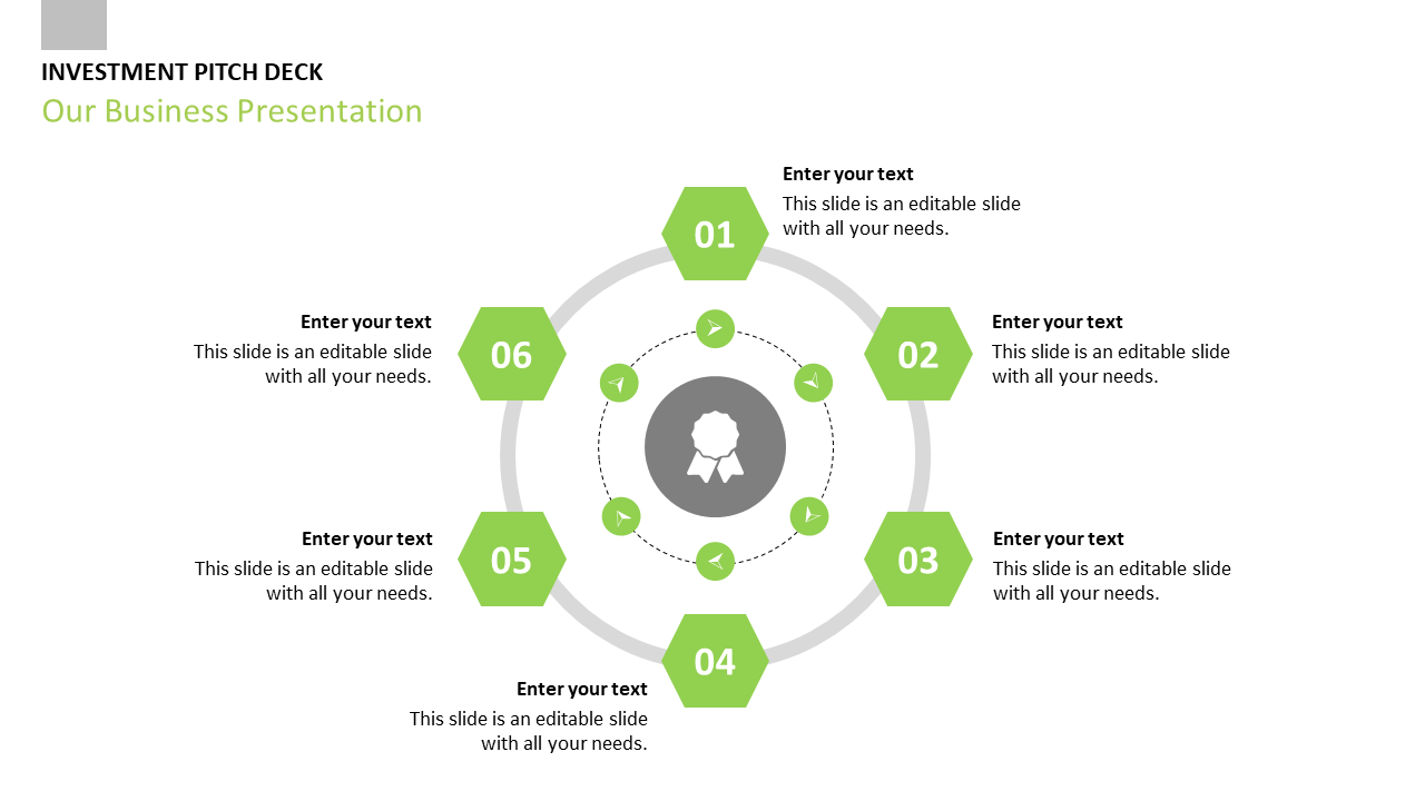 Business presentation slide featuring a circular diagram with six green icons and a central award symbol with captions.