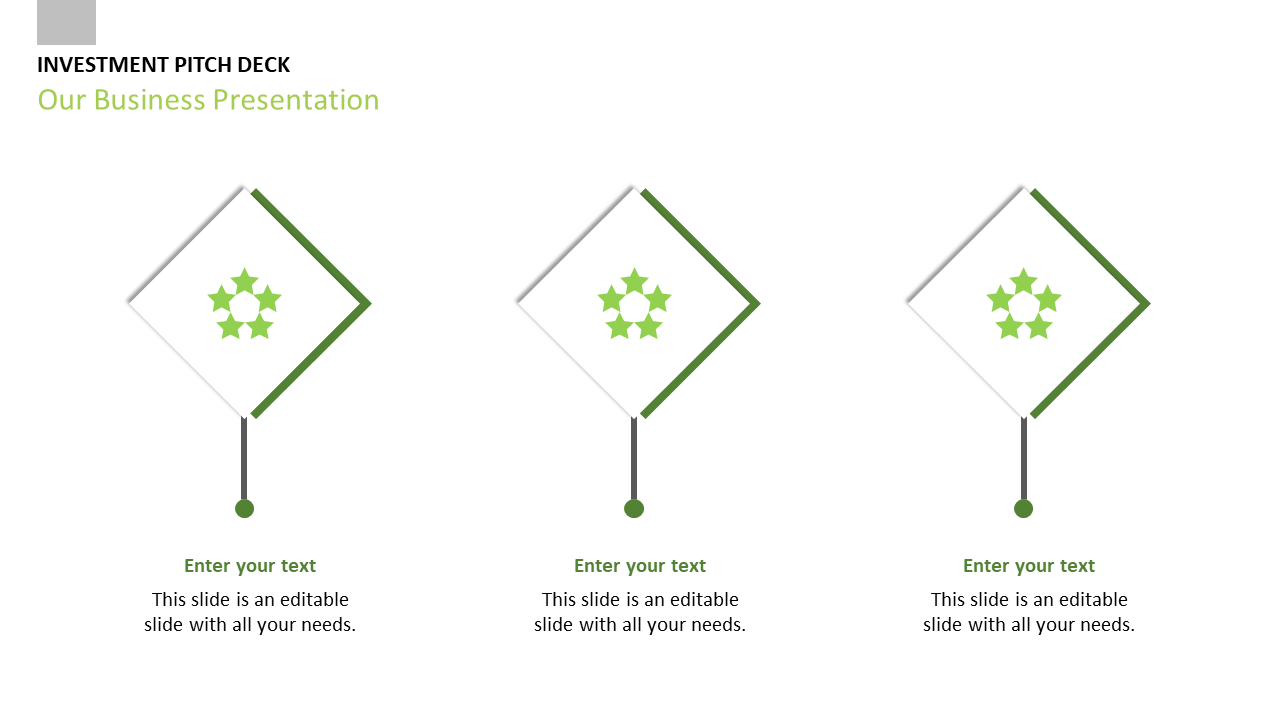 Business slide with three green icons in diamond shapes, each with a central design, linked by vertical lines.