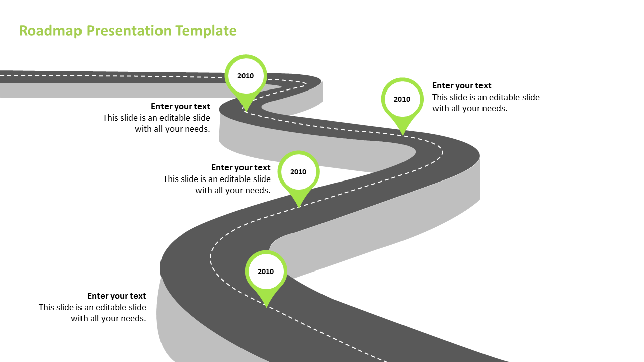 Winding roadmap template with four green location markers labeled 2010 and placeholder text on a white backdrop.