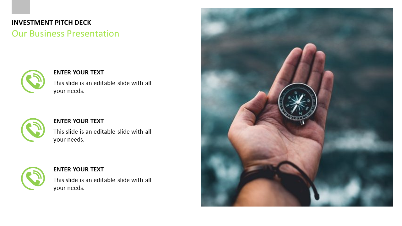 Slide featuring a compass held in a hand with three placeholders for text and green phone icons on a white backdrop.