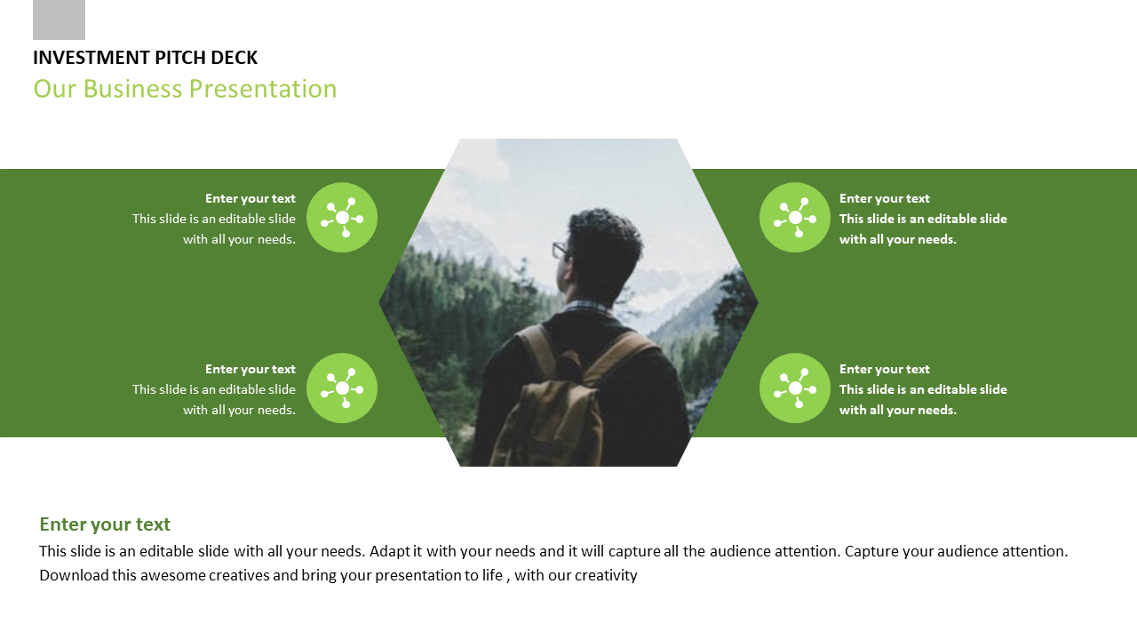 Business presentation slide with four colorful icons featuring a scenic background on a white backdrop.