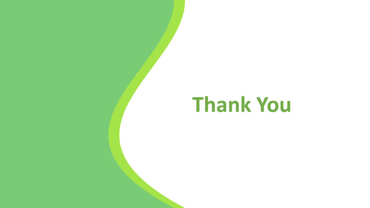 Simple thank you slide with green and white waves and text.