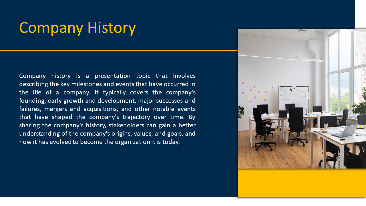 Business presentation slide titled Company History with text describing key milestones and a modern office background.