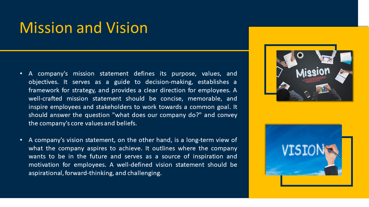 Slide featuring the mission and vision topic, with text and two images of handwritten words on a blue and yellow theme.