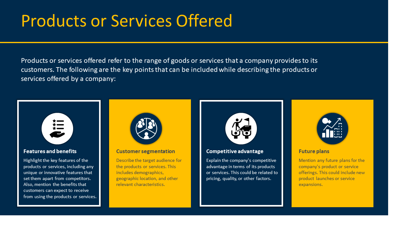 Products or Services Offered slide with text describing key aspects with circular icons on a yellow and blue backdrop.