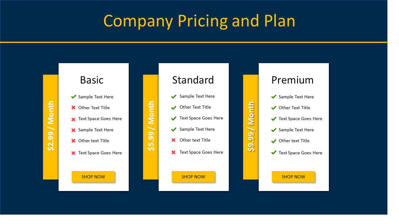 Pricing table slide displays three sections with monthly subscription prices and corresponding features on a blue backdrop.
