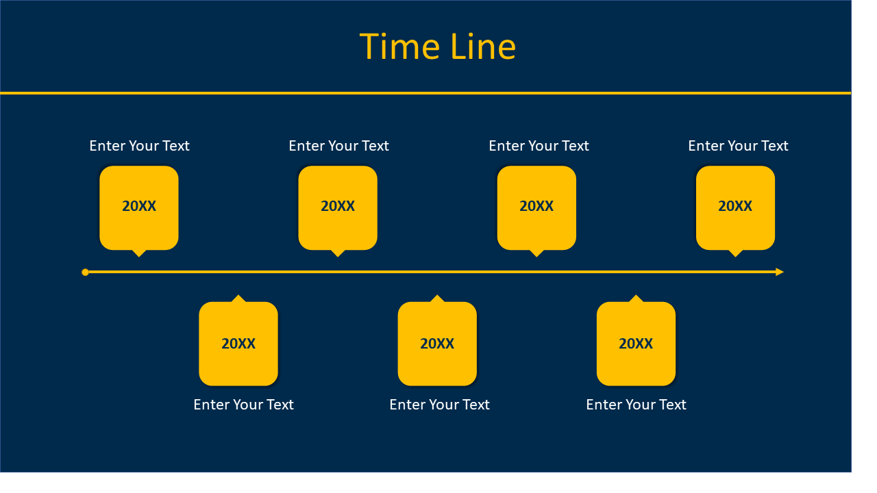 Timeline slide with yellow markers for different years, providing space to add milestones or events on a dark blue backdrop.
